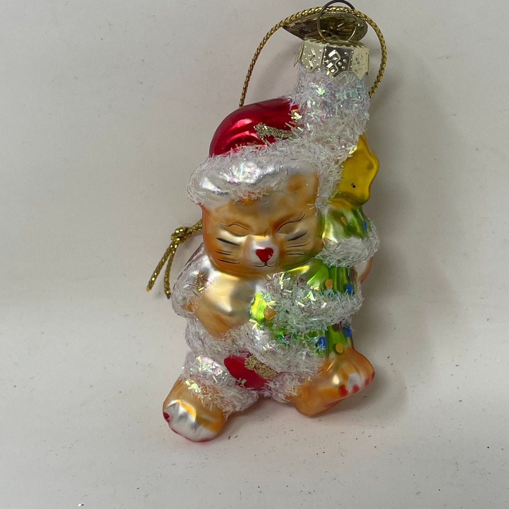 Thomas Pacconi Classics Blown Glass Cat in Santa Suit Christmas Tree Ornament